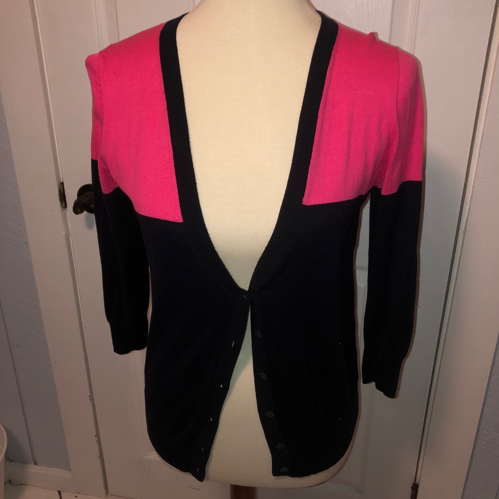 J Crew Pink and Navy Colorblock Cardigan - Picture 2 of 6